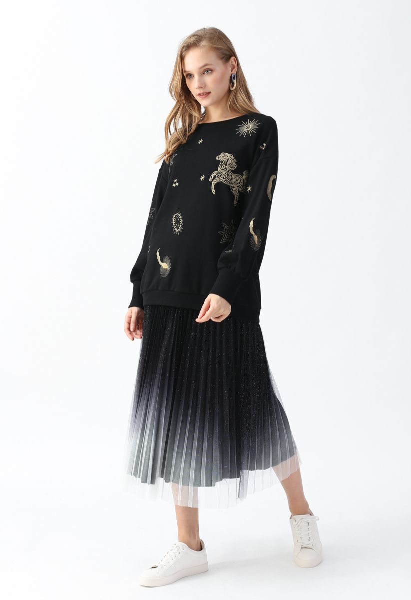 Sternzeichen besticktes Pullover-Sweatshirt in Schwarz