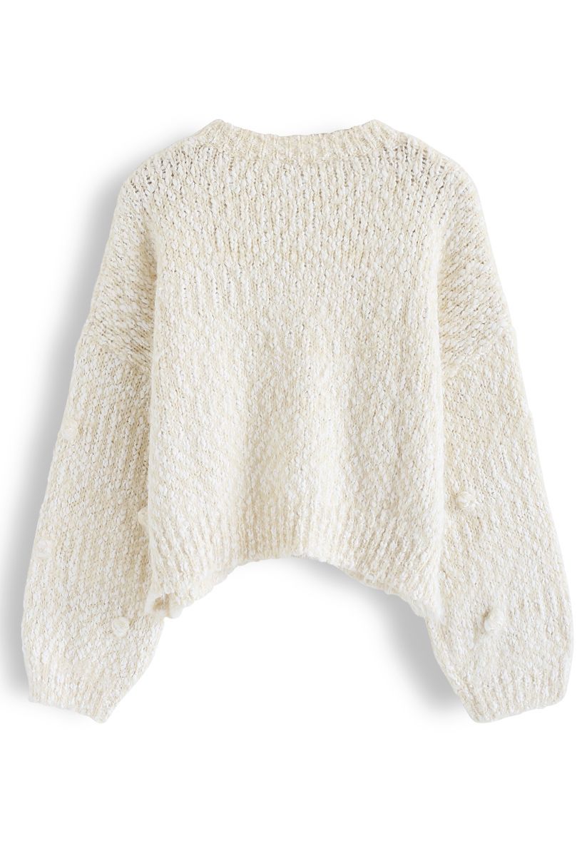 Pom-Pom dekorierter Fuzzy Knit Crop Sweater in Creme