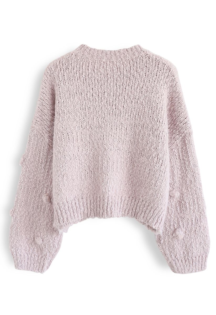Pom-Pom verzierter Fuzzy Knit Crop Sweater in Pink