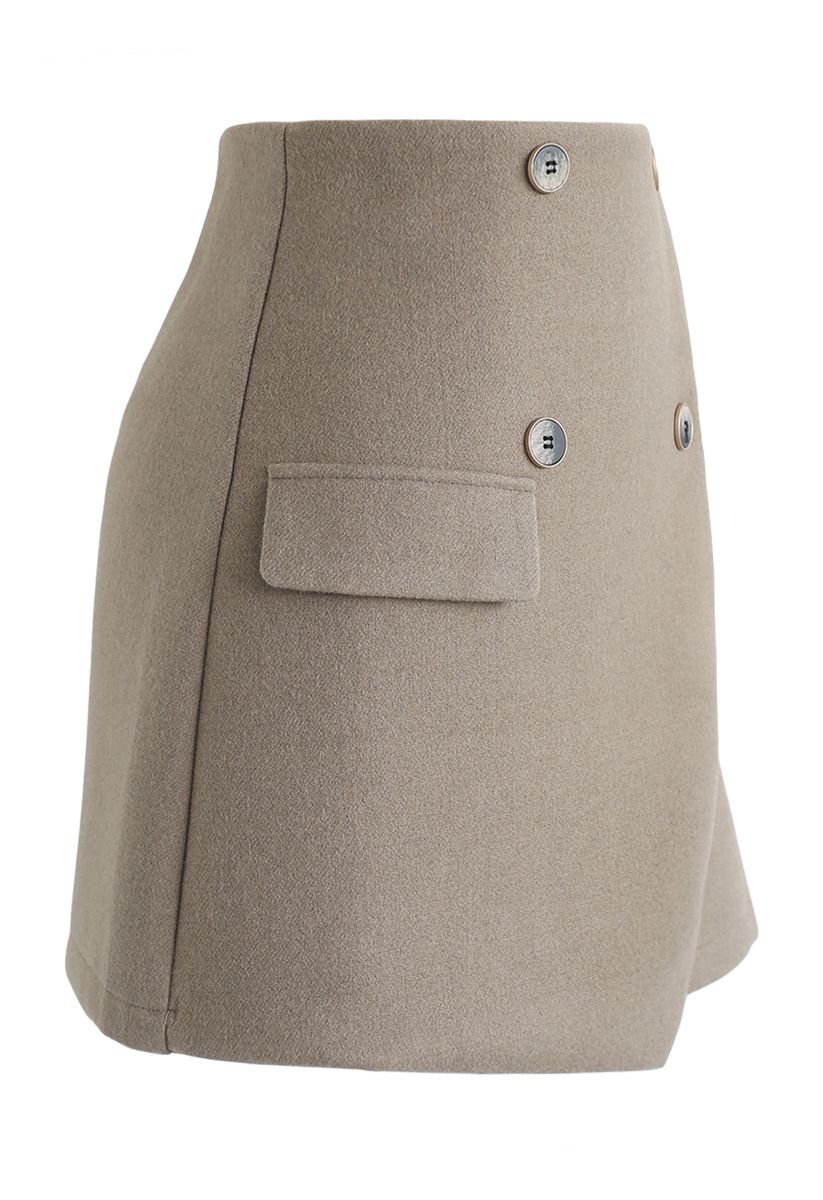 Button Trim Flap Mini Skirt in Sand