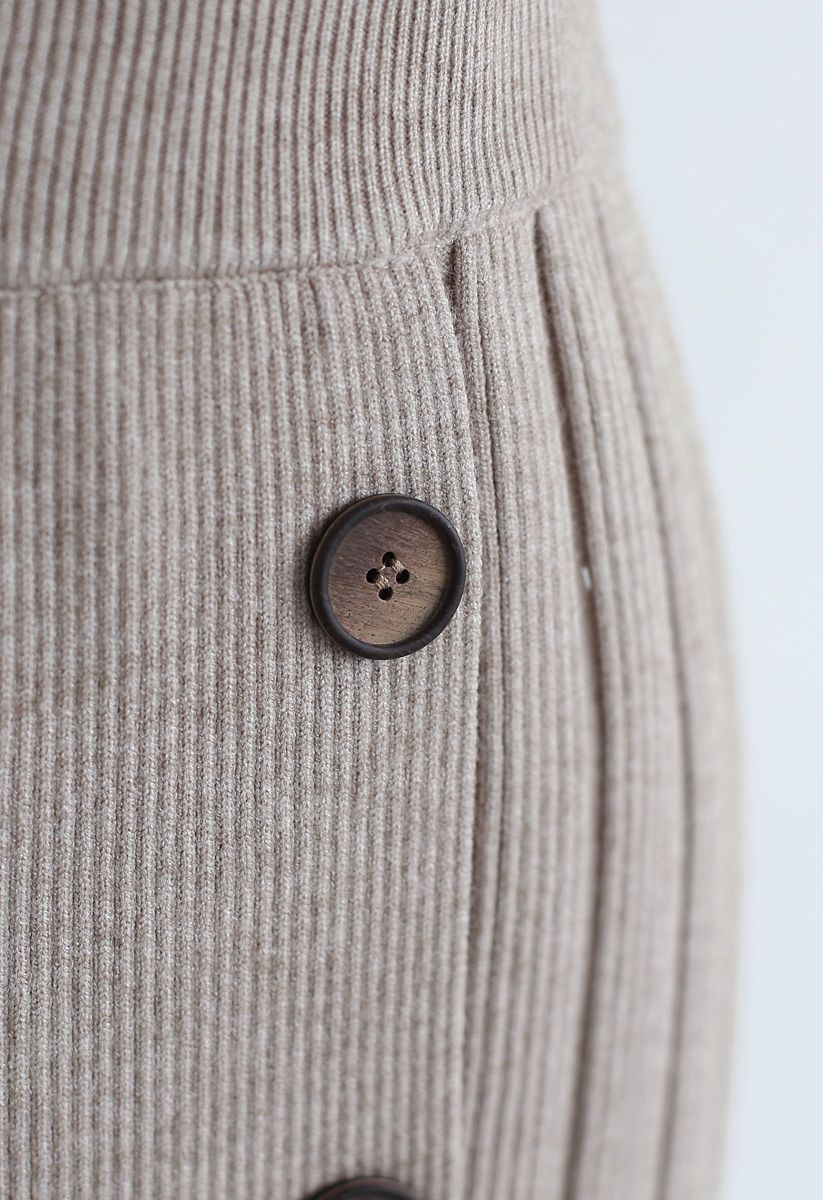 Button Ribbed Knit Bleistiftrock in Sand
