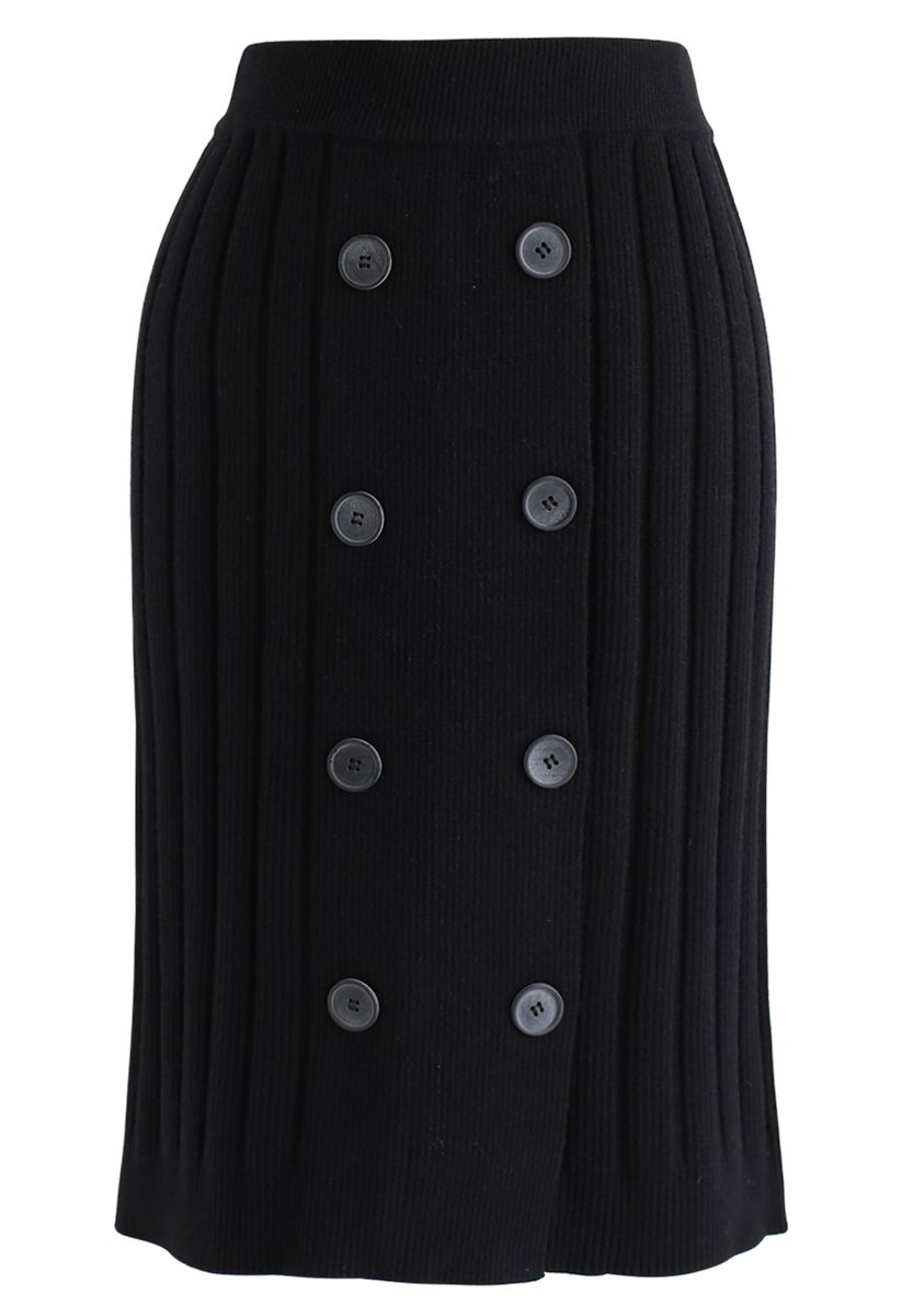 Button Ribbed Knit Pencil Rock in Schwarz