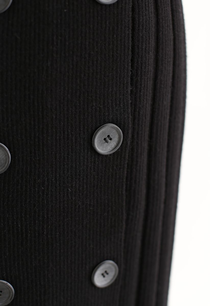 Button Ribbed Knit Pencil Rock in Schwarz