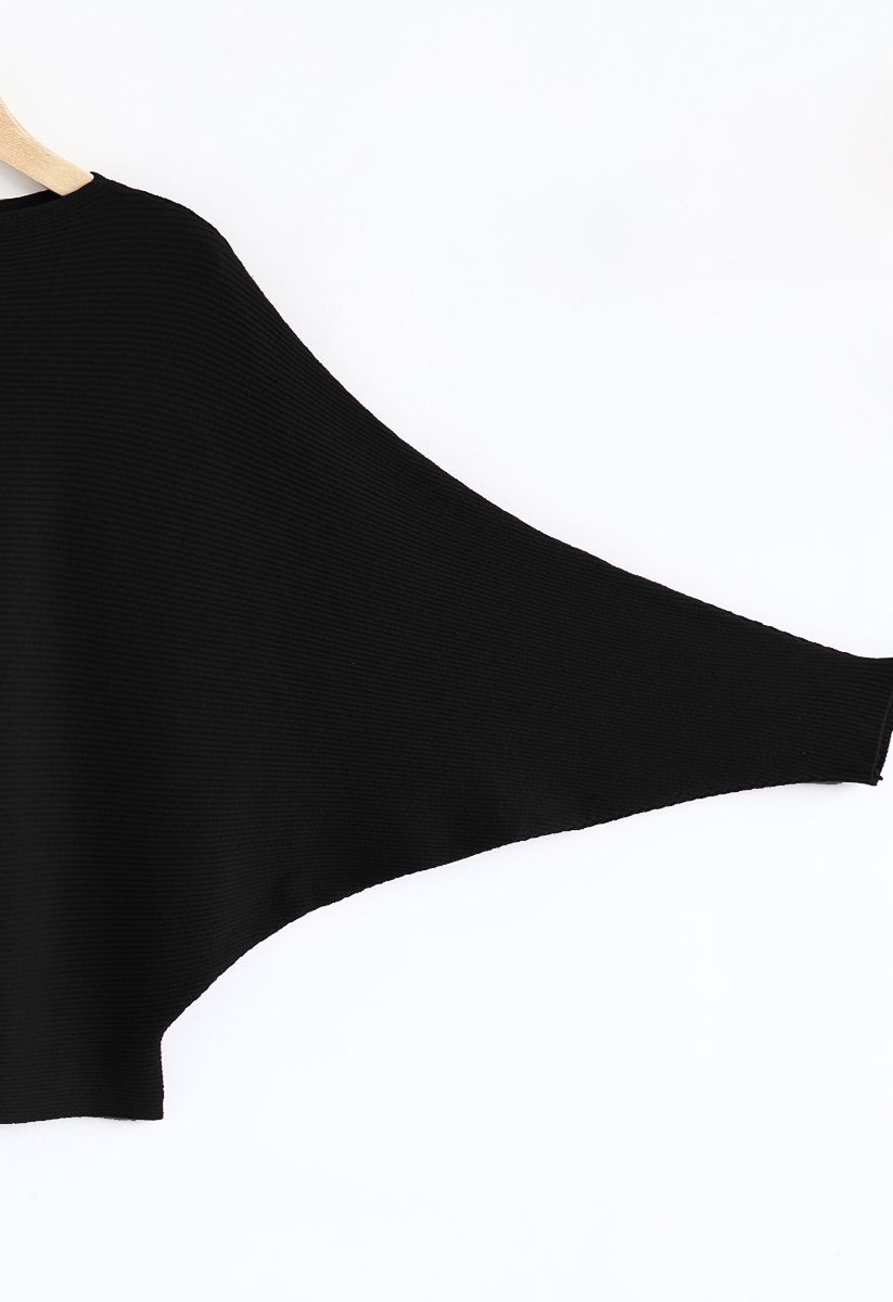 Boot Ausschnitt Batwing-Ärmel Crop Knit Top in Schwarz