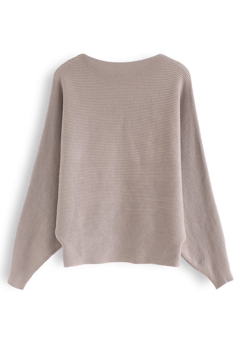 Boat Neck Batwing Sleeves Crop Knit Top in Taupe