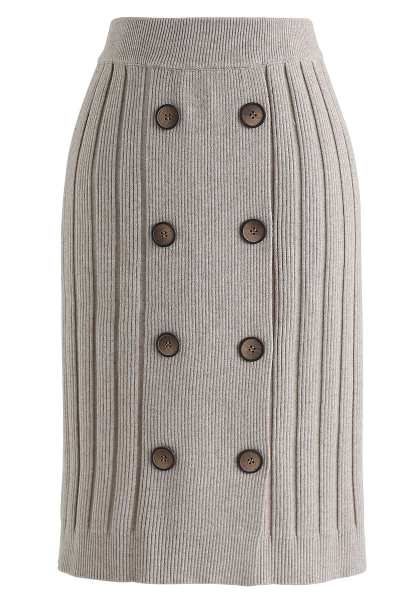 Button Ribbed Knit Bleistiftrock in Sand