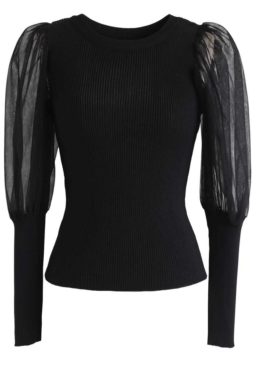 Mesh Bubble-Sleeve Ribbed Knit Top in Schwarz