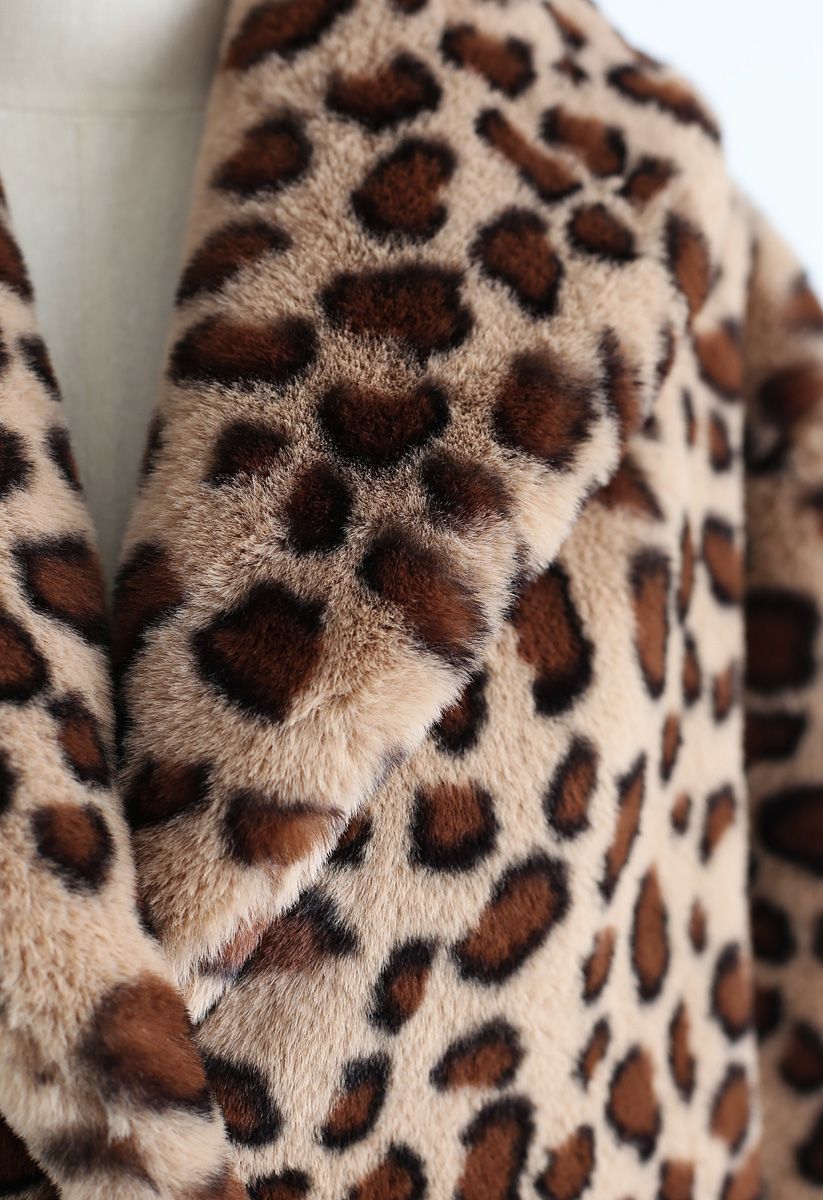 Brown Leopard Kunstpelz Longline Coat mit Kragen