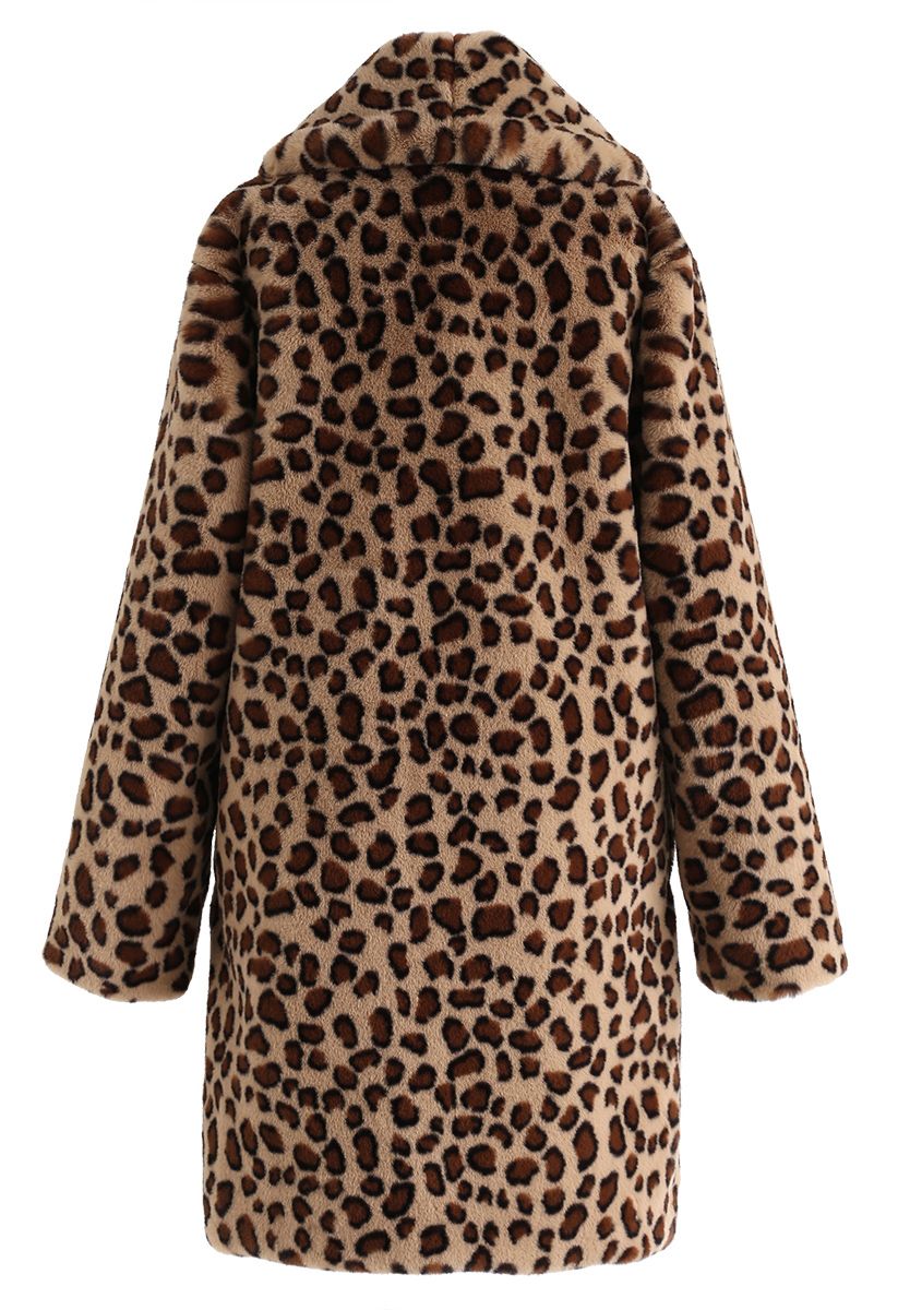Brown Leopard Kunstpelz Longline Coat mit Kragen