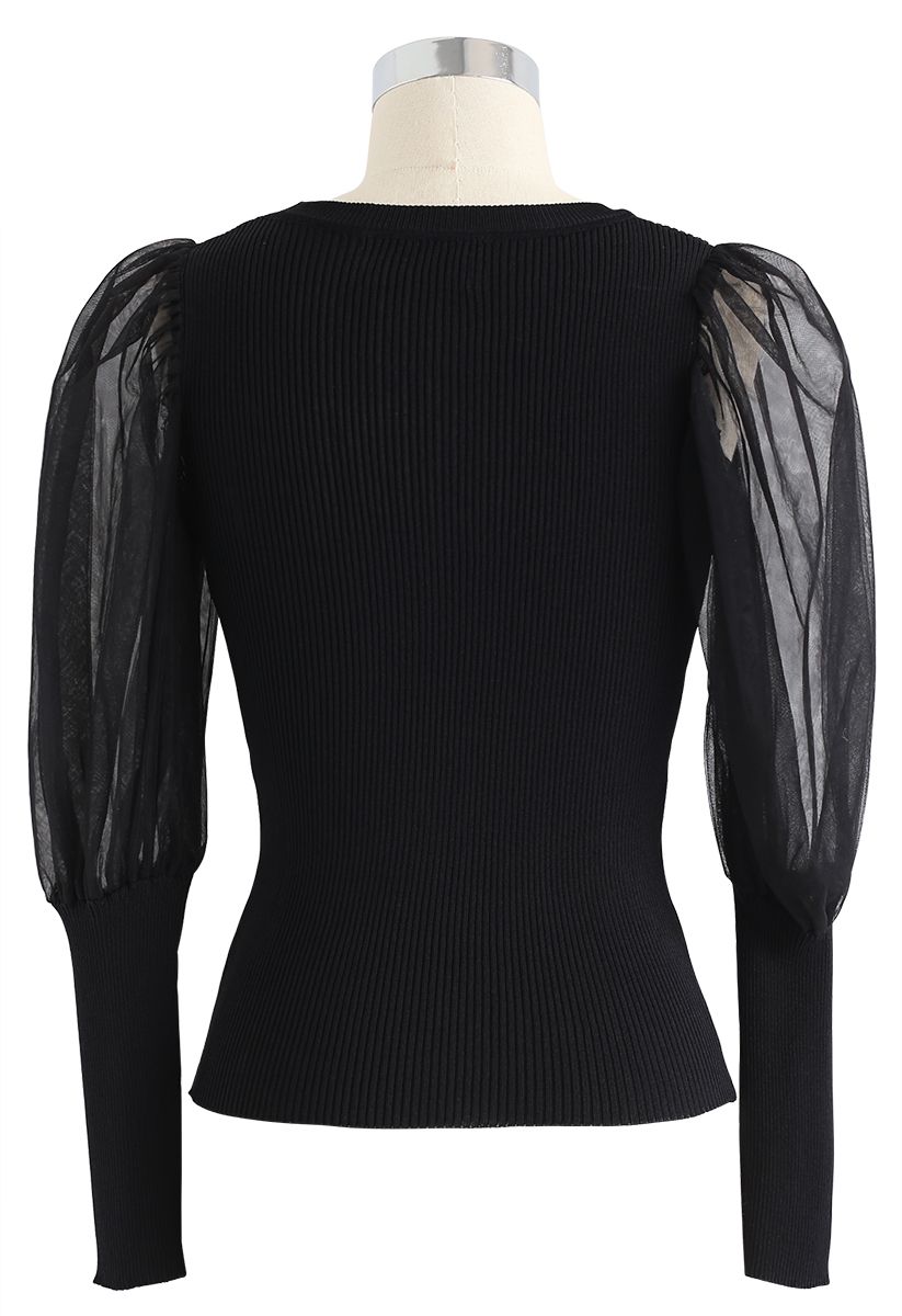 Mesh Bubble-Sleeve Ribbed Knit Top in Schwarz