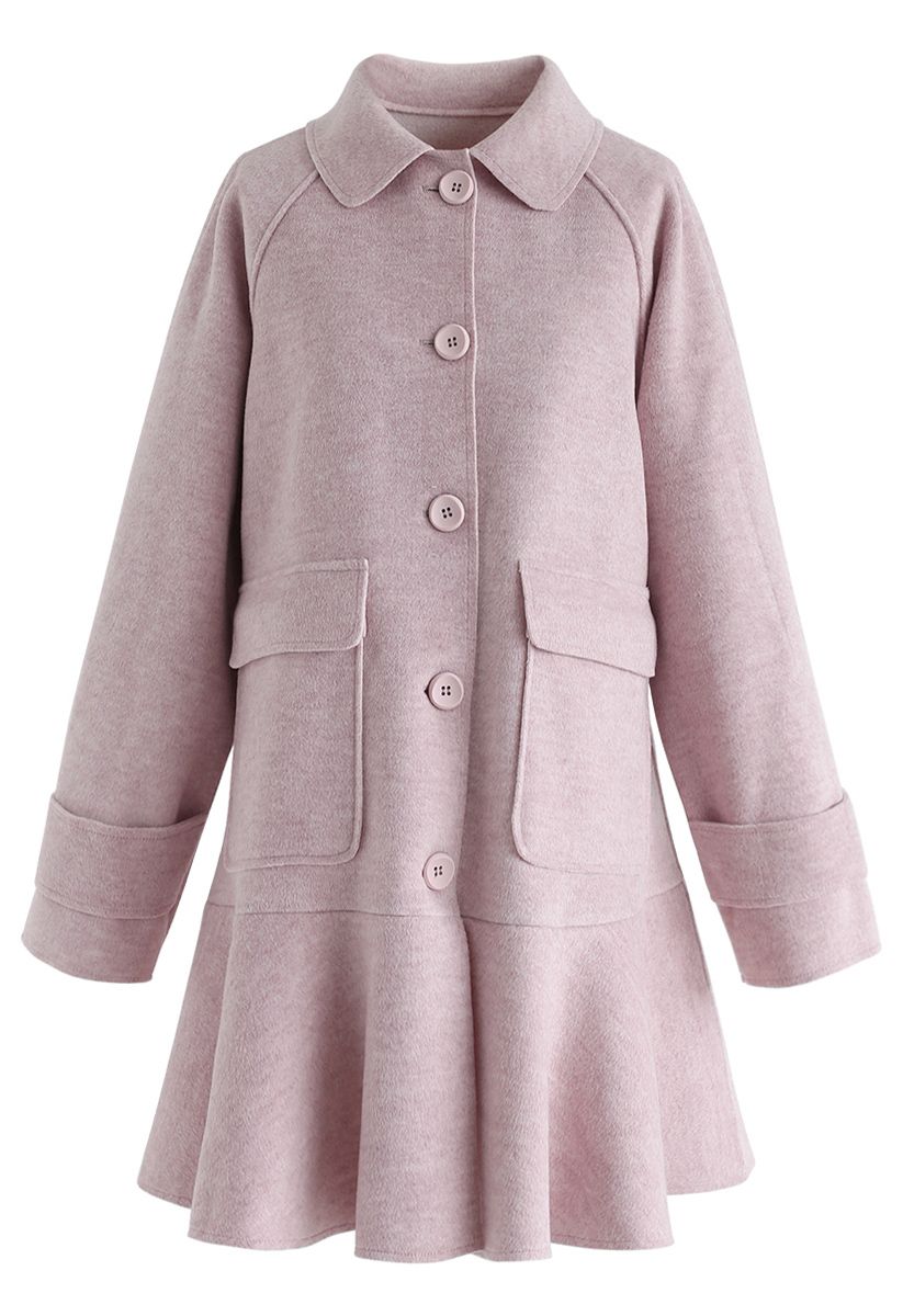 Button Down Pockets Flare Coat Dress in Pink