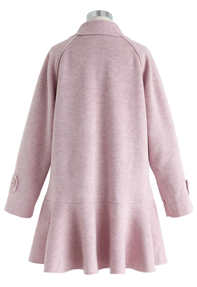 Button Down Pockets Flare Coat Dress in Pink