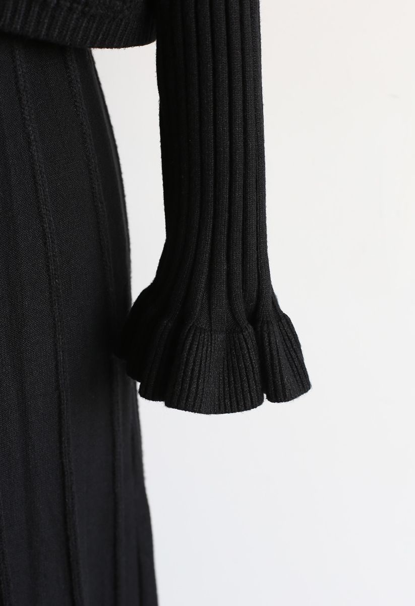 Mock Neck Plissee-Strick-Twinset-Kleid in Schwarz