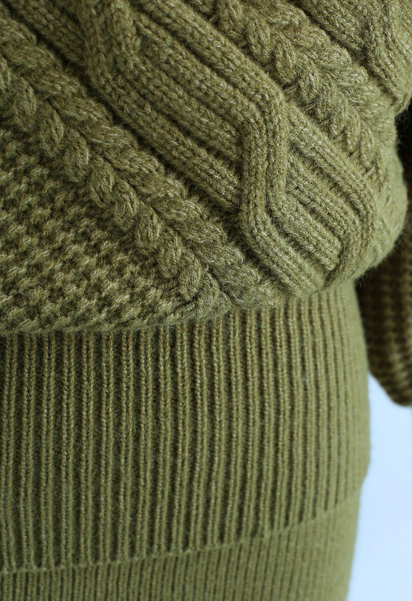 Fluffy Braid Texture Wickelstrickpullover in Armeegrün