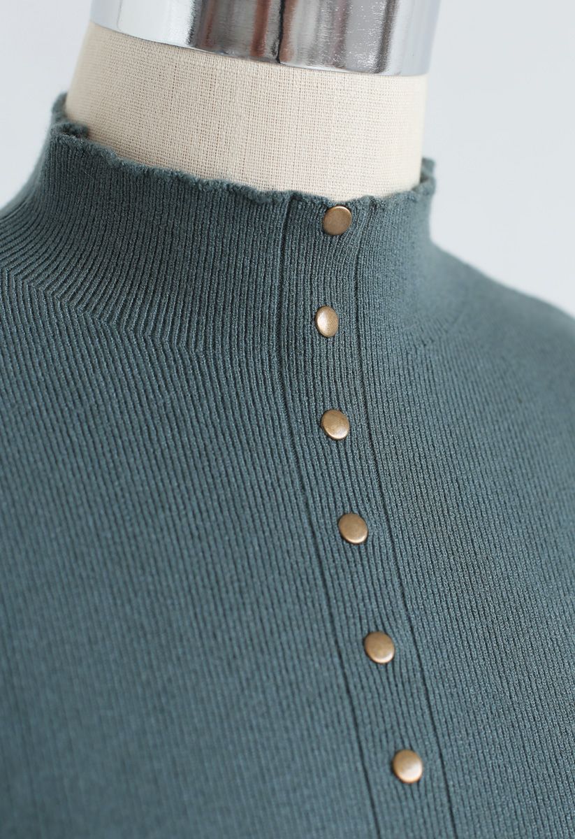 Mock Neck Fitted Knit Top mit Knöpfen in Teal