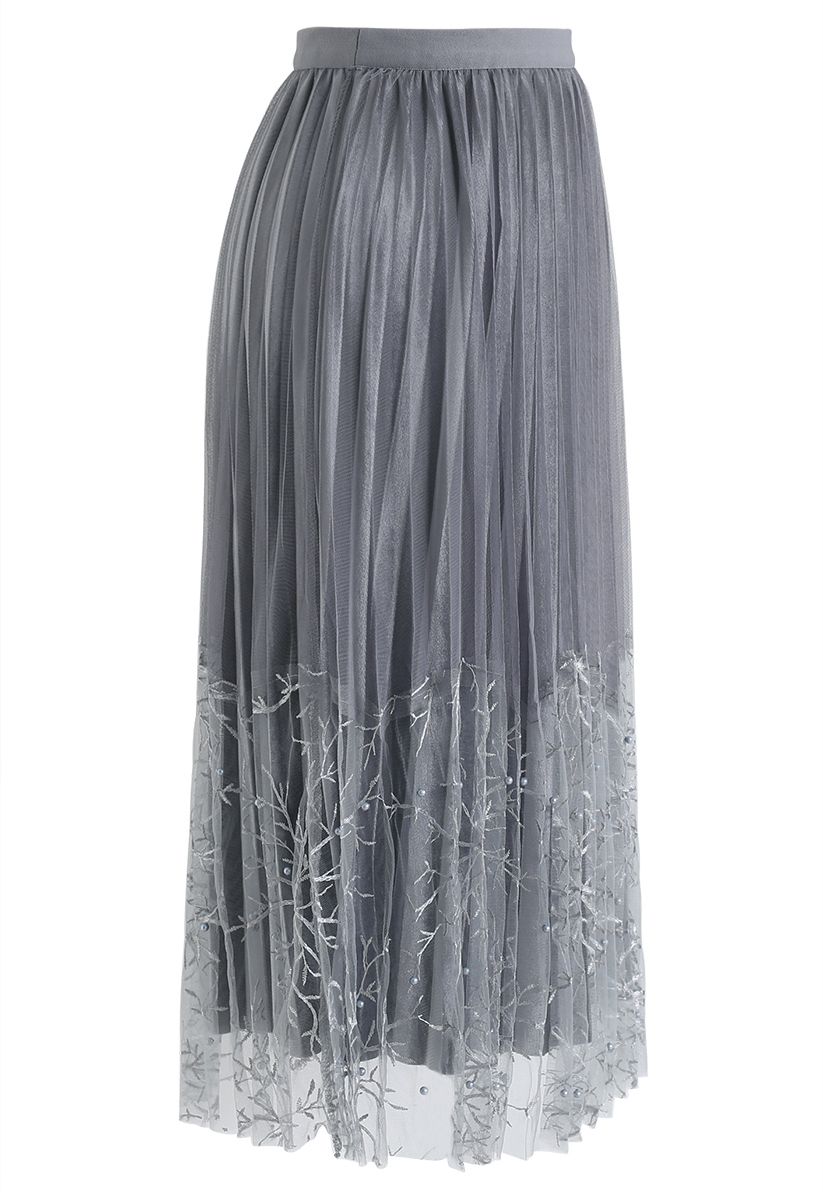 Pearls Embroidered Mesh Velvet Pleated Skirt in Grey