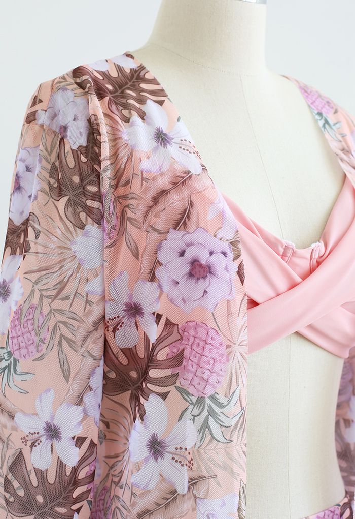 Bikini-Cover-Up-Set mit frischem Blumenmuster und überkreuzter Vorderseite in Pink