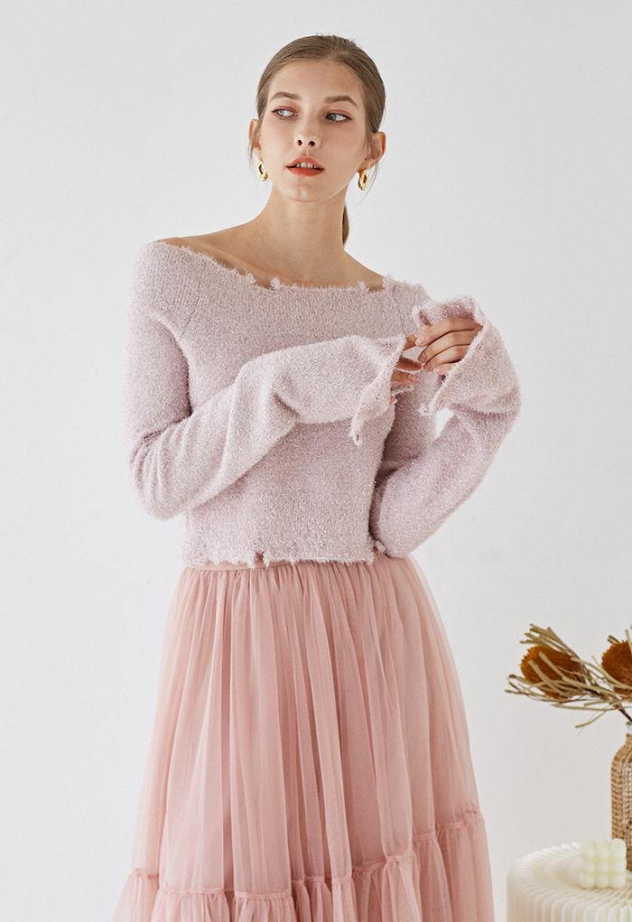Schimmernder Fuzzy Knit Crop Sweater in Pink