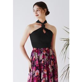 Knoten-Neckholder-Strick-Crop-Top in Schwarz