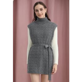 Turtleneck Cable Knit Sleeveless Sweater Dress in Grey