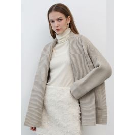 Shawl Collar Ribbed Knit Cardigan in Taupe - Retro, Indie and