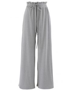 Drawstring Paper-Bag Waist Ribbed Yoga Pants in Grey