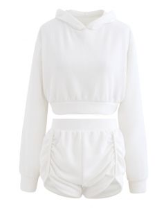 Baumwollmischung Crop Hoodie und Shorts Set in Weiß