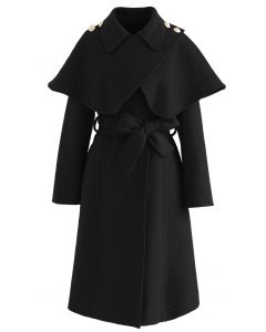 Lang geschnittener Mantel aus einer Wollmischung mit Cape-Schulter in Schwarz