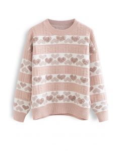 Unscharfes Herz Jacquard Strickpullover in Rosa