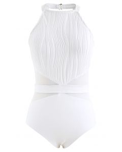 Pintuck Decor Mesh gespleißter Badeanzug in Weiß