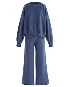 Waffelstrick-Hi-Lo-Pullover und Hose mit weitem Bein im Set in Blau