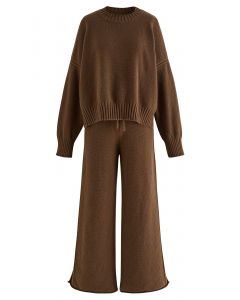 Waffelstrick-Hi-Lo-Pullover und Hose mit weitem Bein im Set in Braun