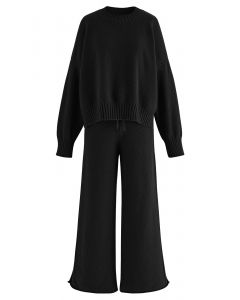Waffelstrick-Hi-Lo-Pullover und Hose mit weitem Bein im Set in Schwarz