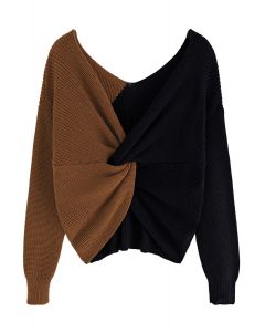 Zweifarbiger Pullover mit V-Ausschnitt und verdrehter Vorderseite in Braun