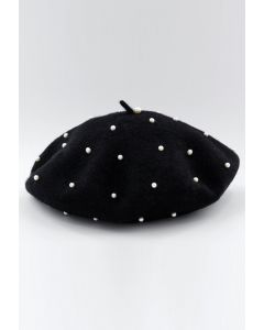 Handgemachte Perlen-Wollmischung Baskenmütze in Schwarz