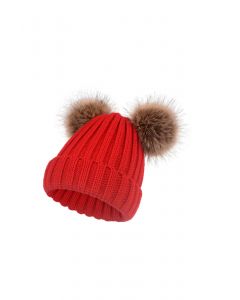 Fuzzy Pom-Pom Knit Beanie-Mütze in Rot