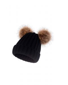 Fuzzy Pom-Pom Knit Beanie-Mütze in Schwarz