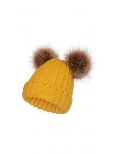 Fuzzy Pom-Pom Knit Beanie Mütze in Senf