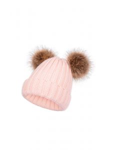 Fuzzy Pom-Pom Knit Beanie-Mütze in Pink