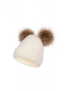Fuzzy Pom-Pom Knit Beanie-Mütze in Elfenbein