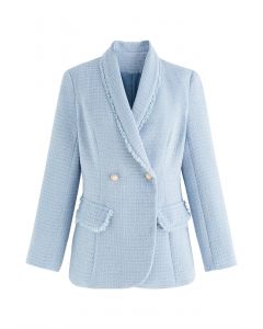 Tweed-Blazer mit Schalkragen und Fransen in Babyblau