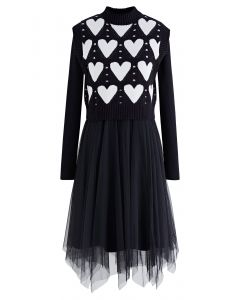 Tüll-Mesh-Rippstrick-Twinset-Kleid mit Herzen in Schwarz