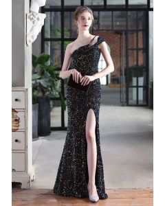 Abendliche Eleganz Pailletten One-Shoulder-Kleid mit Schlitz in Schwarz