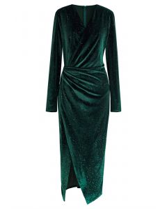 Glint Sequin Velvet Wrap Midi Dress in Emerald