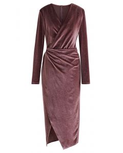 Glint Sequin Velvet Wrap Midi Dress in Brown