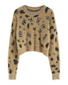 Pearly Diamond Leopard Fuzzy Knit Crop Sweater in Khaki