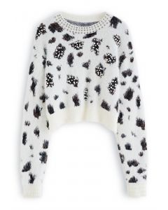 Pearly Diamond Leopard Fuzzy Knit Crop Sweater in White