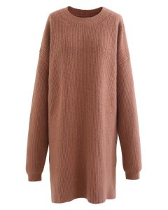 Pulloverkleid aus Rippstrick mit Rundhalsausschnitt in Rostrot