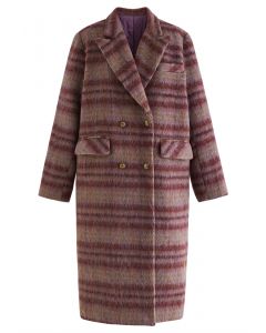 Langer Mantel aus Wollmischung mit Karomuster und spitzem Revers in Beere