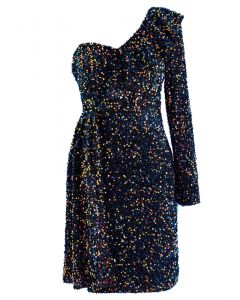 Rüschen One-Shoulder-Kleid mit buntem Paillettenbesatz in Schwarz